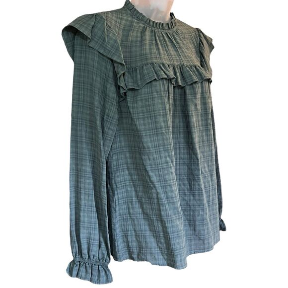 Universal Threads Green/Blue Plaid Ruffled Shirt Sz Small Prairie Cottagecore - Picture 4 of 14